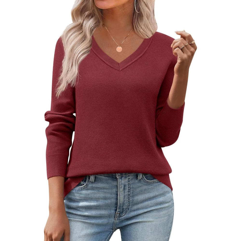 imageZeagoo Womens 2026 Fall V Neck Sweater Trendy Long Sleeve Casual Lightweight Ribbed Knit Pullover TopsWine Red