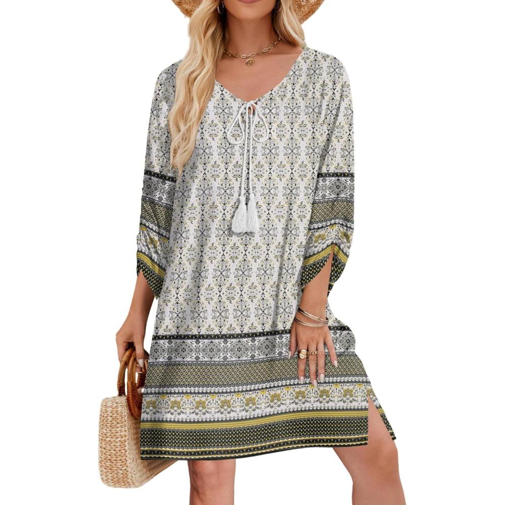 imageZeagoo Womens Boho Dresses Casual Beach Summer Dress Tassel Tie Neck 34 Long Sleeve Mini Sundress 2026 Floral Print Cover Up01 White