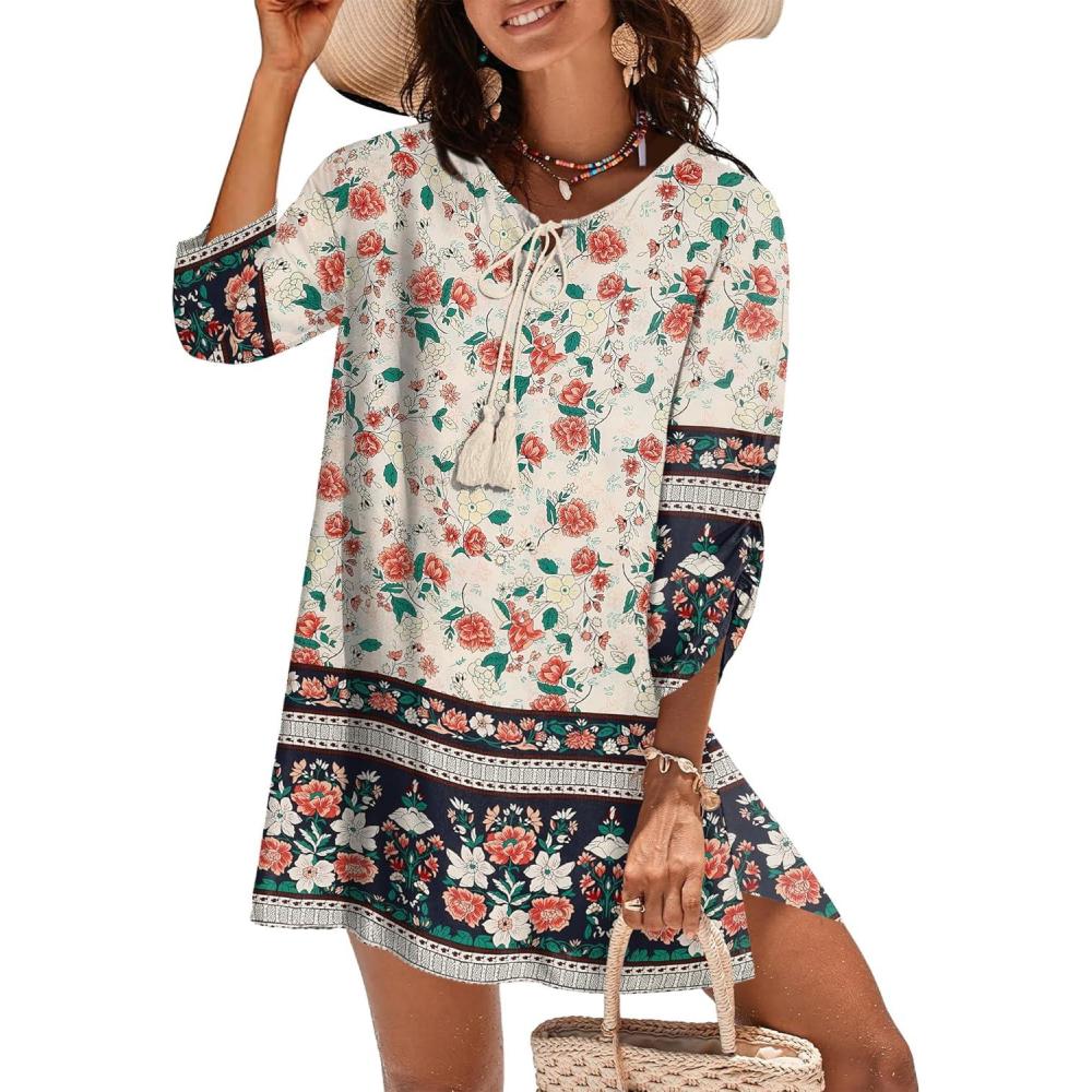 imageZeagoo Womens Boho Dresses Casual Beach Summer Dress Tassel Tie Neck 34 Long Sleeve Mini Sundress 2026 Floral Print Cover Up02 Apricot