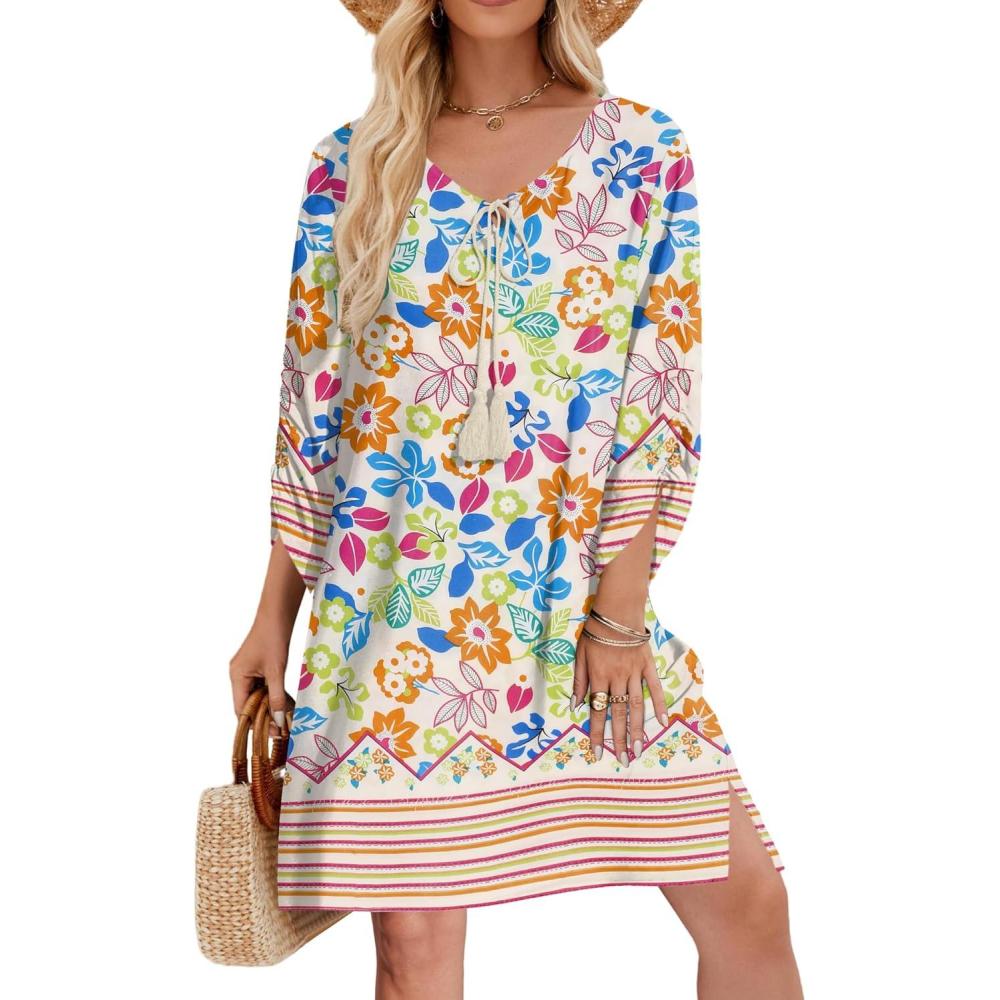 imageZeagoo Womens Boho Dresses Casual Beach Summer Dress Tassel Tie Neck 34 Long Sleeve Mini Sundress 2026 Floral Print Cover Up02 White
