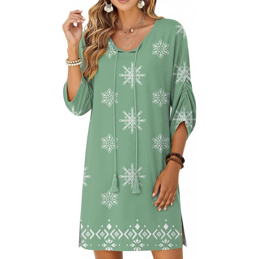 imageZeagoo Womens Boho Dresses Casual Beach Summer Dress Tassel Tie Neck 34 Long Sleeve Mini Sundress 2026 Floral Print Cover UpGreen Mz915