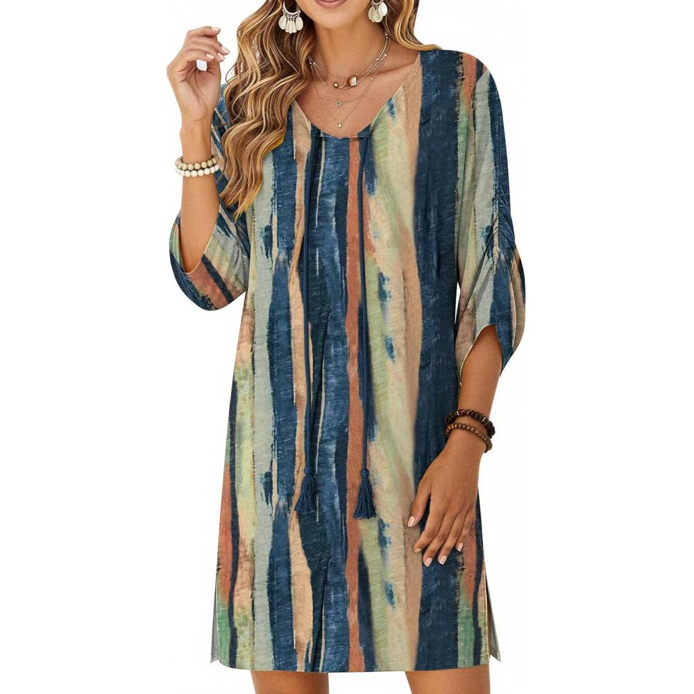 imageZeagoo Womens Boho Dresses Casual Beach Summer Dress Tassel Tie Neck 34 Long Sleeve Mini Sundress 2026 Floral Print Cover UpKhaki Cx289