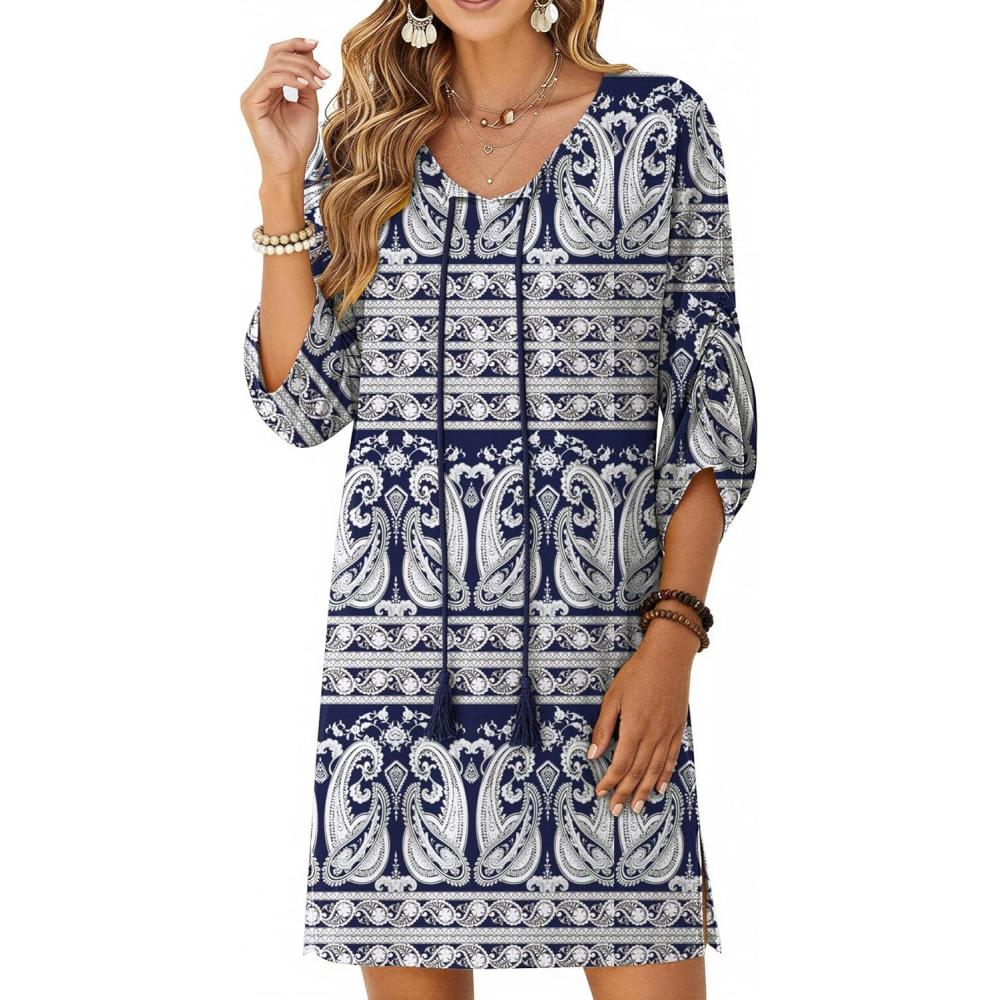 imageZeagoo Womens Boho Dresses Casual Beach Summer Dress Tassel Tie Neck 34 Long Sleeve Mini Sundress 2026 Floral Print Cover UpNavy Mz908