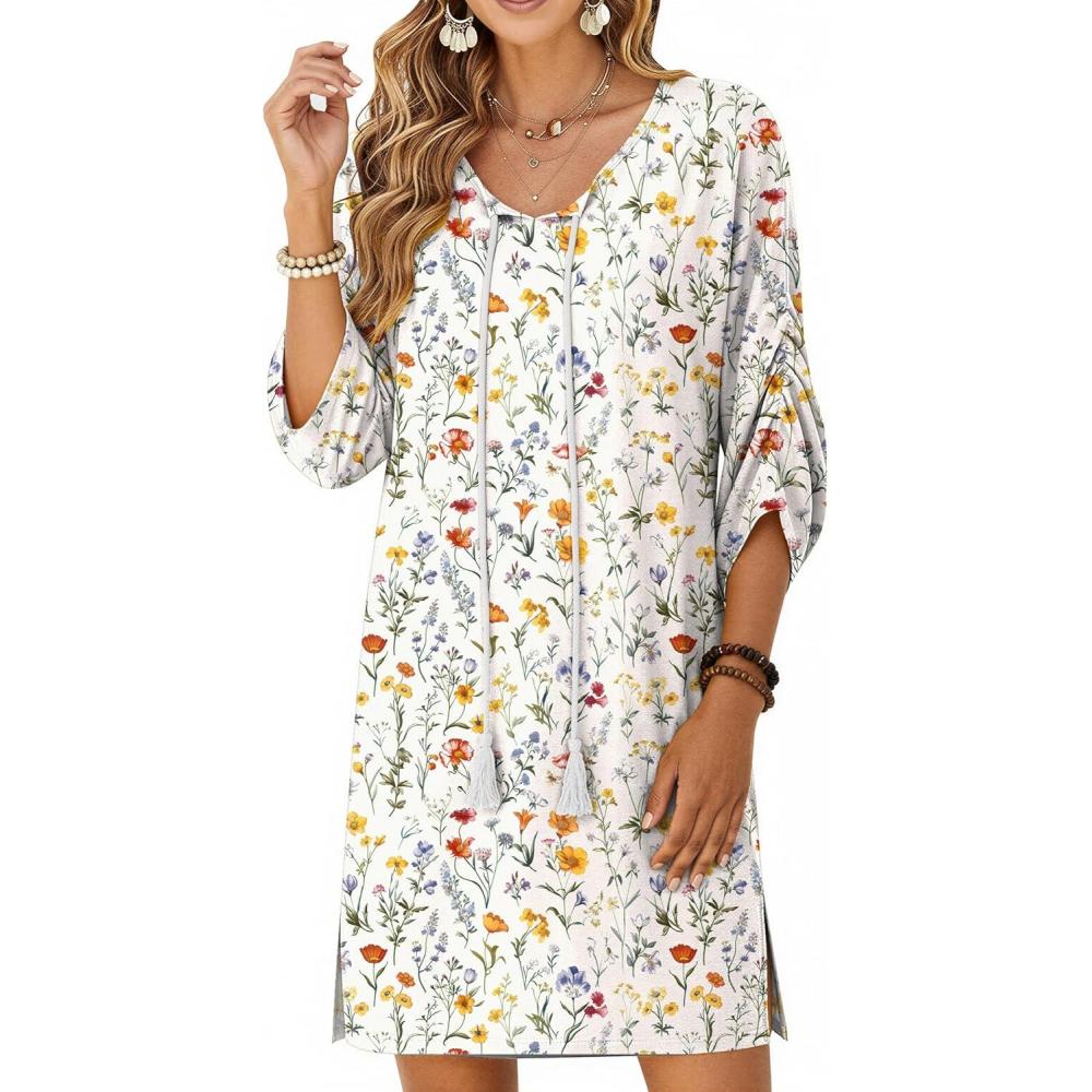 imageZeagoo Womens Boho Dresses Casual Beach Summer Dress Tassel Tie Neck 34 Long Sleeve Mini Sundress 2026 Floral Print Cover UpWhite Xh403