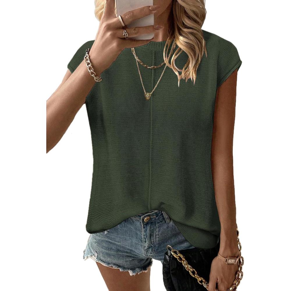 imageZeagoo Womens Cap Sleeve Sweater Vest Crew Neck Sleeveless Casual Knit Tops 2024 Summer Clothes SXXLArmy Green