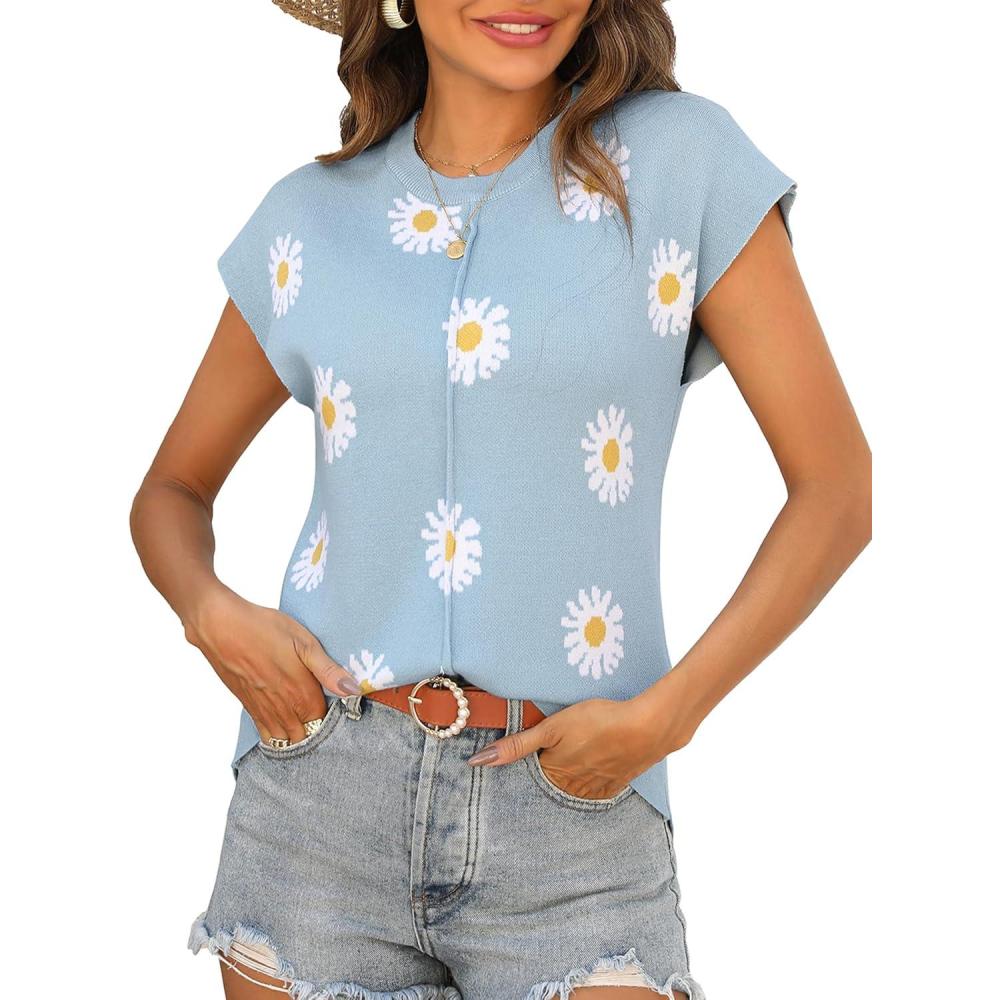 imageZeagoo Womens Cap Sleeve Sweater Vest Crew Neck Sleeveless Casual Knit Tops 2024 Summer Clothes SXXLBlue Daisy