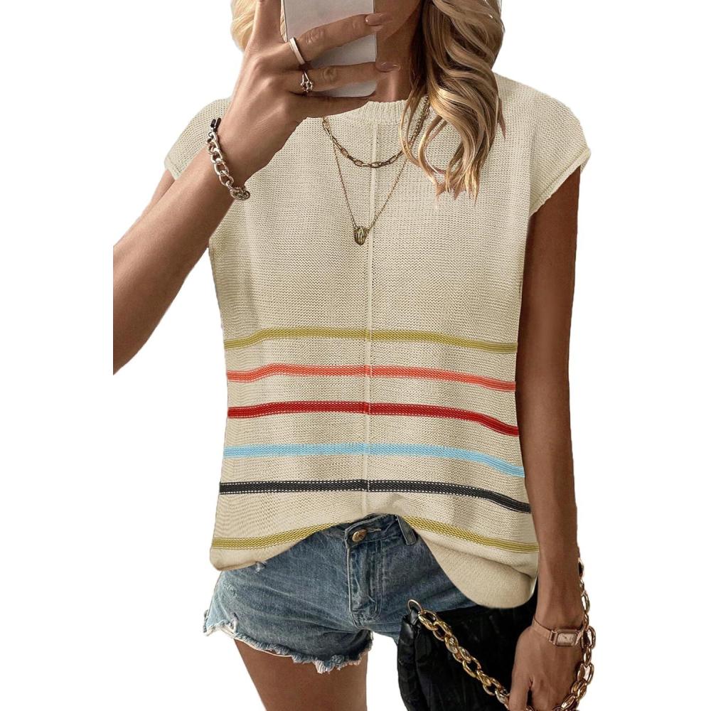imageZeagoo Womens Cap Sleeve Sweater Vest Crew Neck Sleeveless Casual Knit Tops 2024 Summer Clothes SXXLColorful Stripes