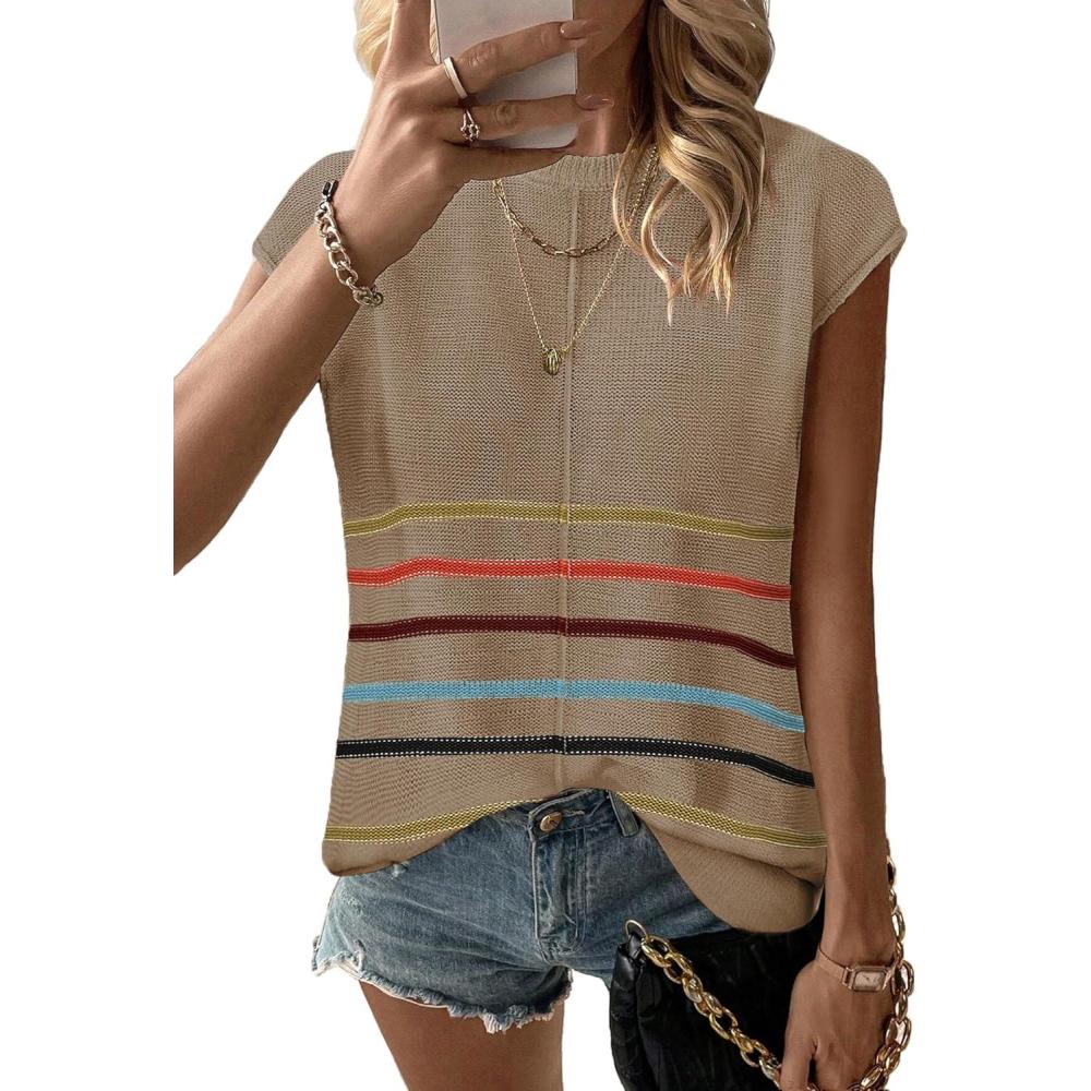 imageZeagoo Womens Cap Sleeve Sweater Vest Crew Neck Sleeveless Casual Knit Tops 2024 Summer Clothes SXXLColorful Stripes Khaki