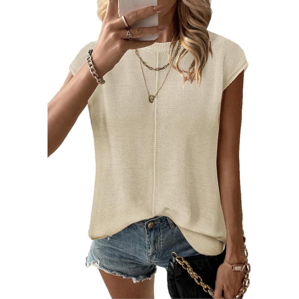 imageZeagoo Womens Cap Sleeve Sweater Vest Crew Neck Sleeveless Casual Knit Tops 2024 Summer Clothes SXXLCream