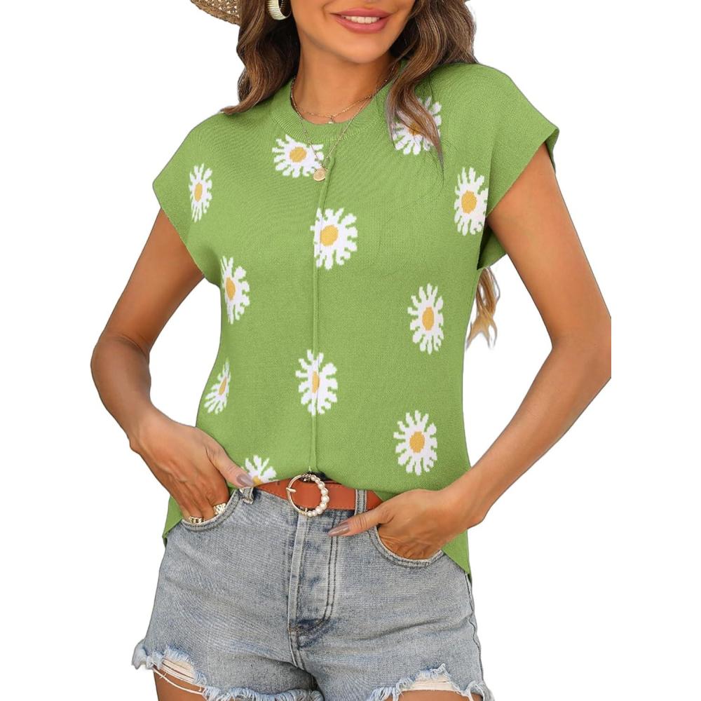 imageZeagoo Womens Cap Sleeve Sweater Vest Crew Neck Sleeveless Casual Knit Tops 2024 Summer Clothes SXXLGreen Daisy