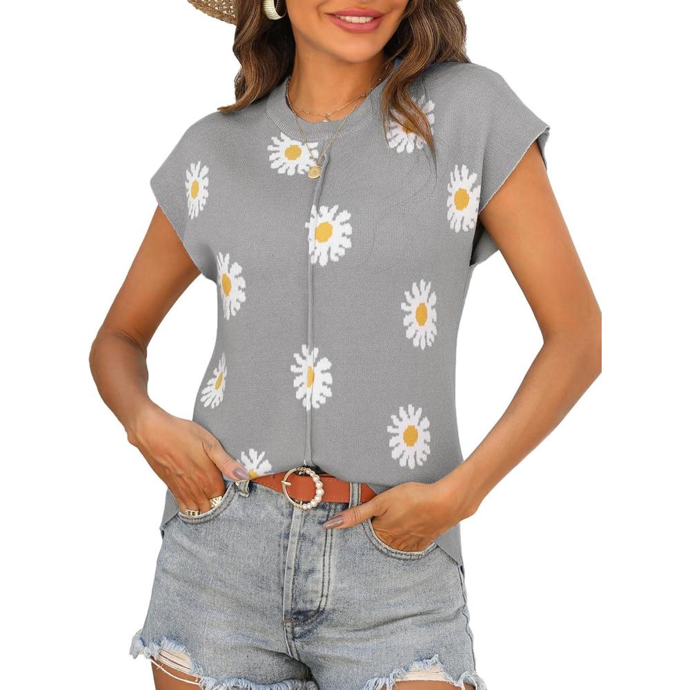 imageZeagoo Womens Cap Sleeve Sweater Vest Crew Neck Sleeveless Casual Knit Tops 2024 Summer Clothes SXXLGrey Daisy