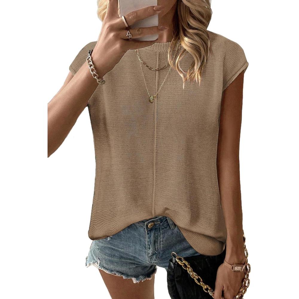 imageZeagoo Womens Cap Sleeve Sweater Vest Crew Neck Sleeveless Casual Knit Tops 2024 Summer Clothes SXXLKhaki