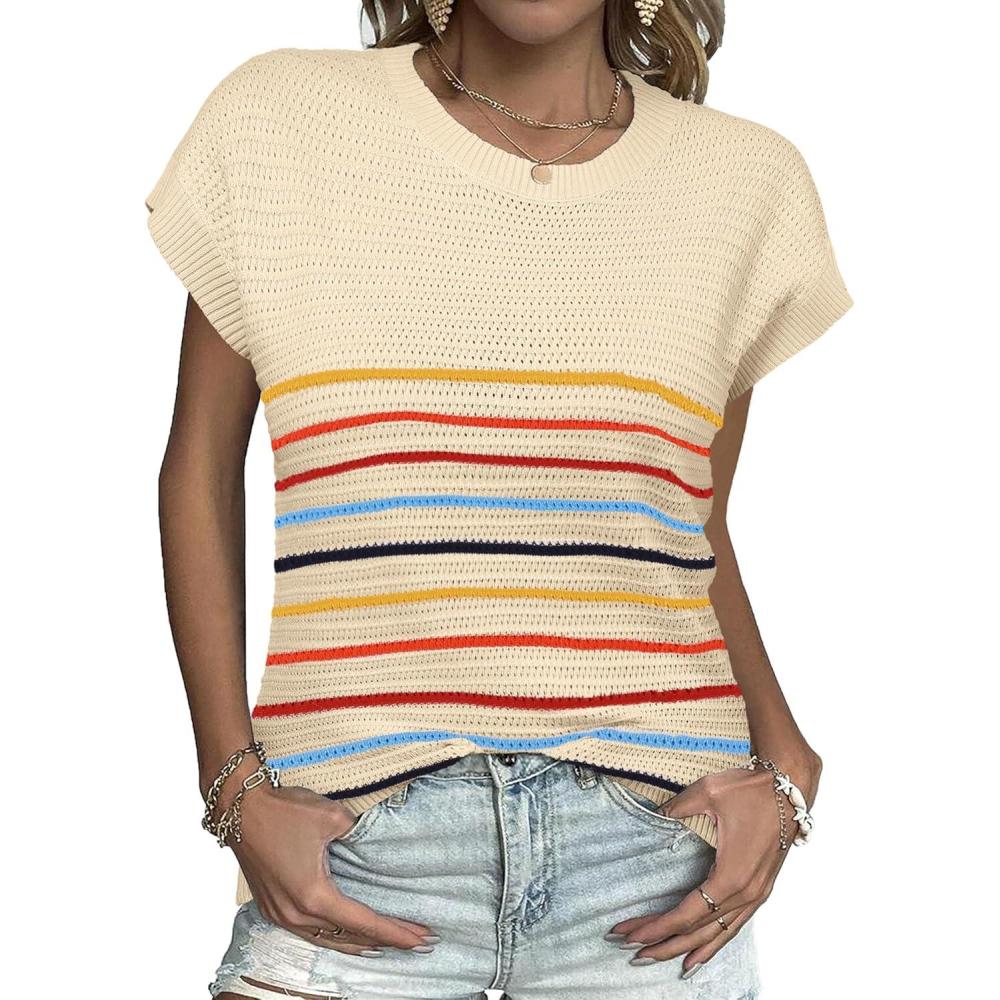imageZeagoo Womens Cap Sleeve Sweaters Vest Crew Neck Knit Sweater Tops 2025 Casual Summer Sleeveless T ShirtColorful Stripe