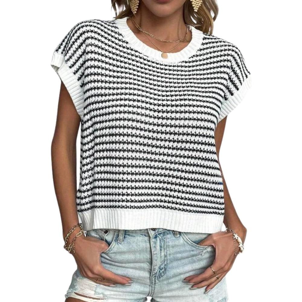 imageZeagoo Womens Cap Sleeve Sweaters Vest Crew Neck Knit Sweater Tops 2025 Casual Summer Sleeveless T ShirtStripe Black
