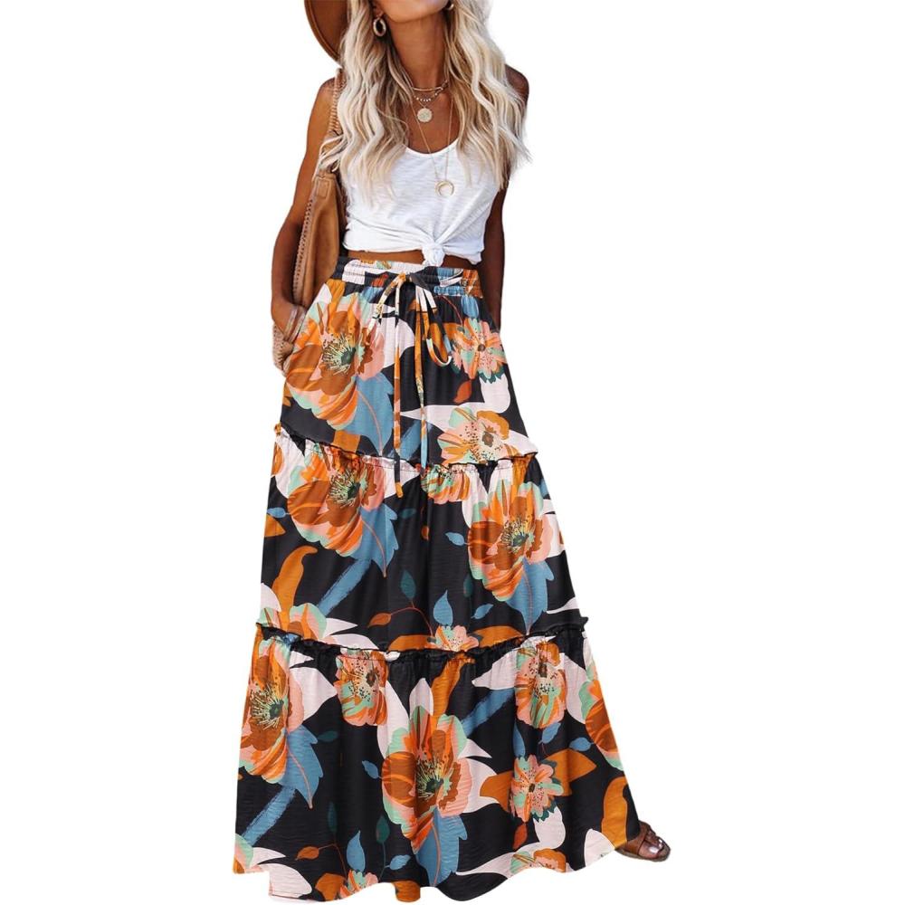 imageZeagoo Womens Casual Maxi Skirts for Women 2026 High Waist Boho Skirts Floral Printed Long Flowy Skirt with PocketsBlackfloralprinted