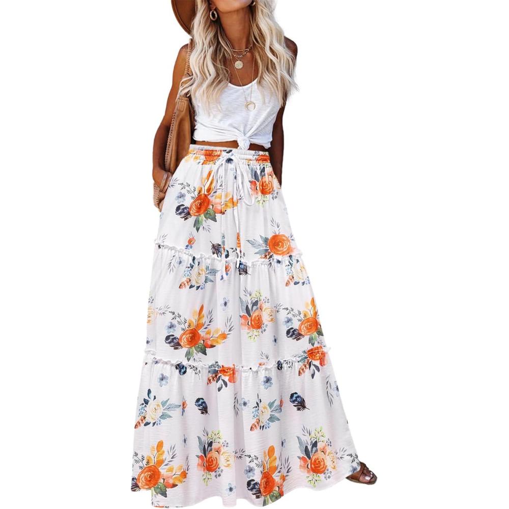 imageZeagoo Womens Casual Maxi Skirts for Women 2026 High Waist Boho Skirts Floral Printed Long Flowy Skirt with PocketsRed Floral