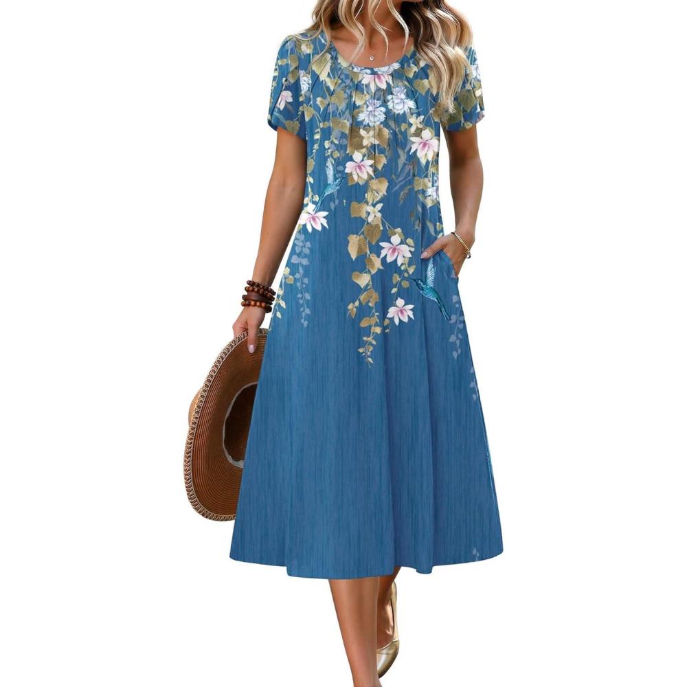 imageZeagoo Womens Casual Summer Dress 2026 Petal Short Sleeve Dresses with Pleats Midi A Line Flowy Dress Boho SundressBlue Printed 02