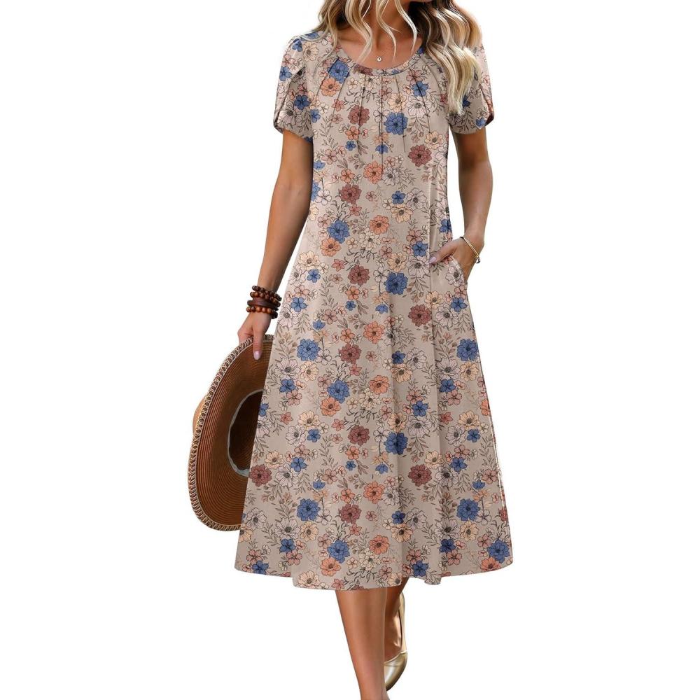 imageZeagoo Womens Casual Summer Dress 2026 Petal Short Sleeve Dresses with Pleats Midi A Line Flowy Dress Boho SundressBrown Floral