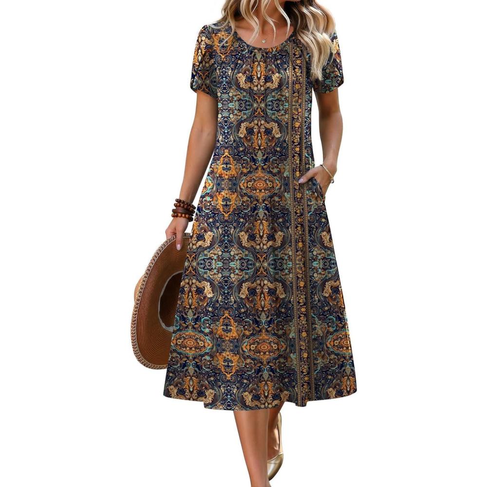 imageZeagoo Womens Casual Summer Dress 2026 Petal Short Sleeve Dresses with Pleats Midi A Line Flowy Dress Boho SundressChic Printed