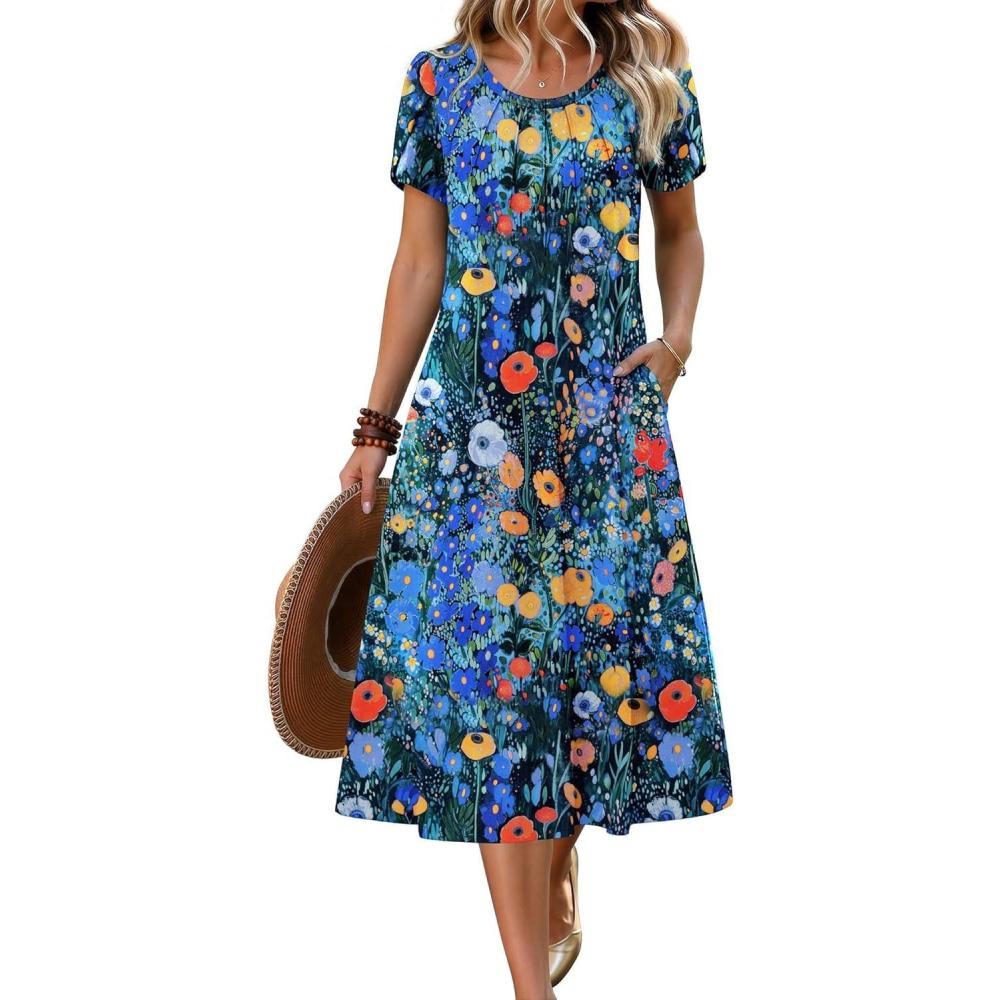 imageZeagoo Womens Casual Summer Dress 2026 Petal Short Sleeve Dresses with Pleats Midi A Line Flowy Dress Boho SundressColorful Print