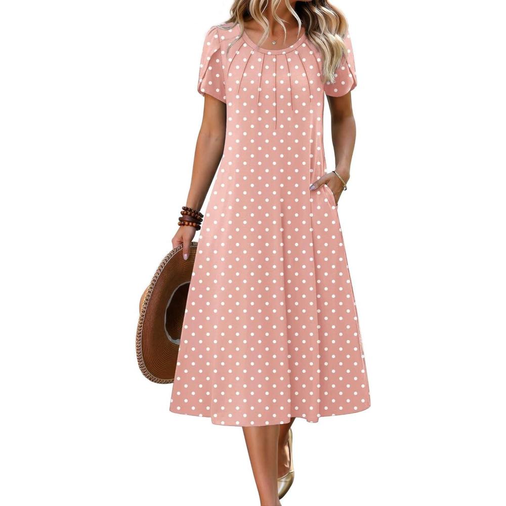 imageZeagoo Womens Casual Summer Dress 2026 Petal Short Sleeve Dresses with Pleats Midi A Line Flowy Dress Boho SundressPink Dot