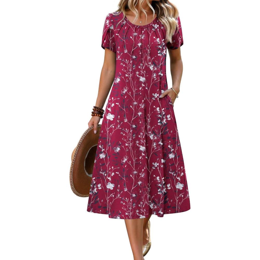 imageZeagoo Womens Casual Summer Dress 2026 Petal Short Sleeve Dresses with Pleats Midi A Line Flowy Dress Boho SundressPurple Red Floral