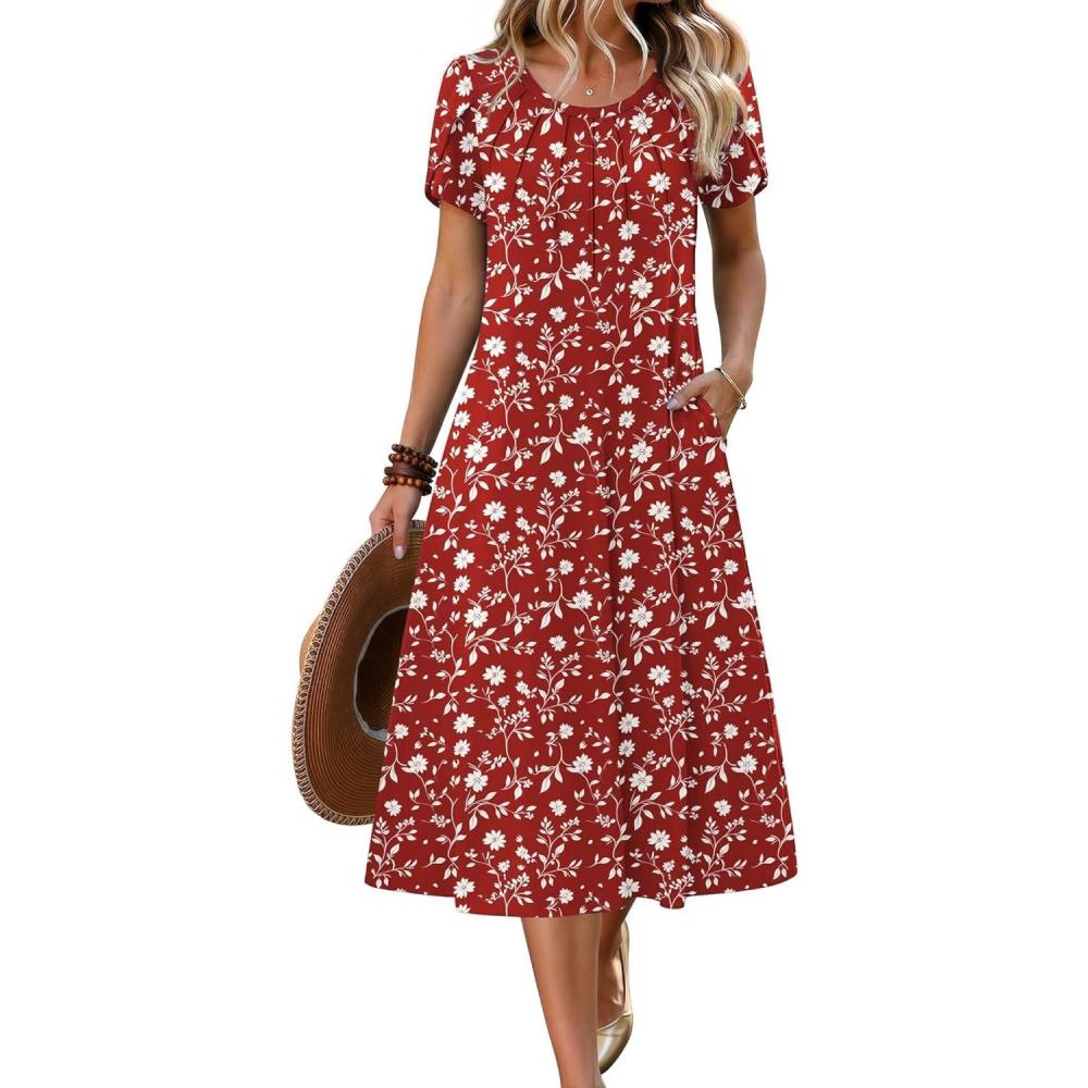 imageZeagoo Womens Casual Summer Dress 2026 Petal Short Sleeve Dresses with Pleats Midi A Line Flowy Dress Boho SundressRed Floral