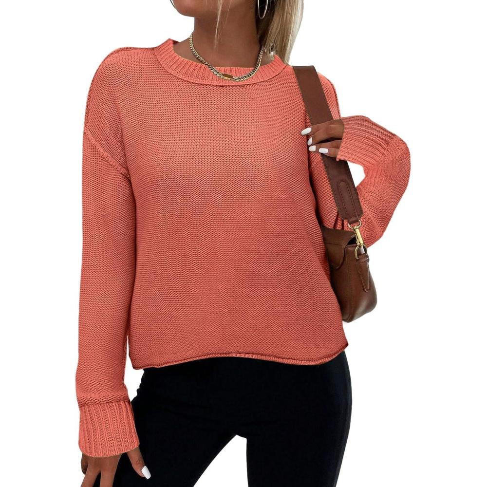 imageZeagoo Womens Crew Neck Cropped Sweater 2025 Fall Long Sleeve Chunky Knit Pullover Sweater TopsRust