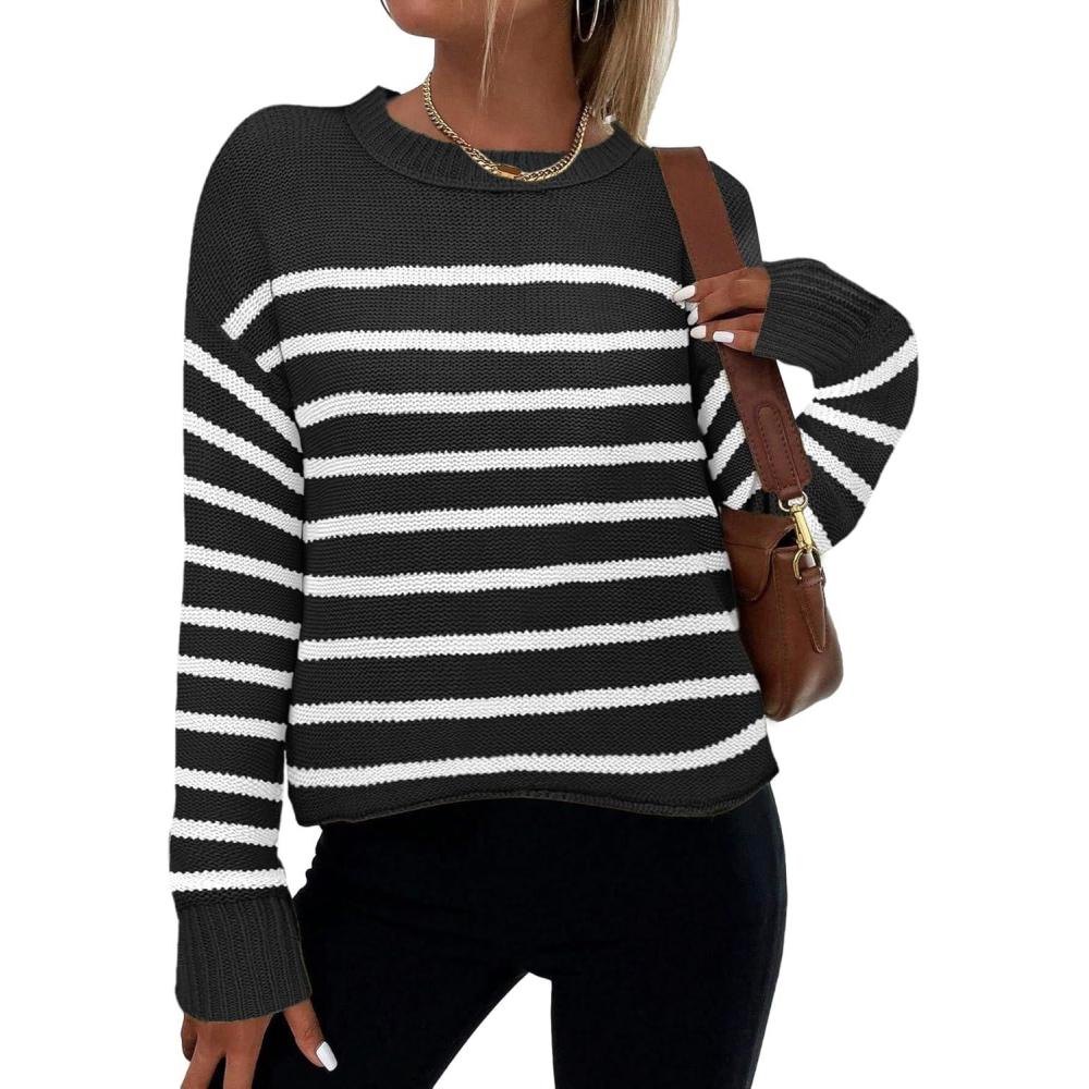 imageZeagoo Womens Crew Neck Cropped Sweater 2025 Fall Long Sleeve Chunky Knit Pullover Sweater TopsStriped Black