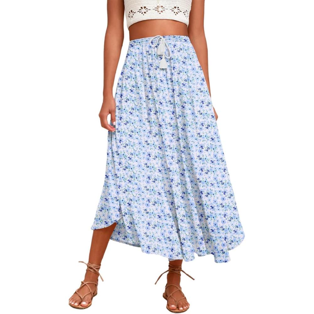 imageZeagoo Womens Flowy Pleated Skirts A Line Elastic High Waisted Midi Skirt Boho Casual Long Skirts Brown Leaf Print XXLPat4
