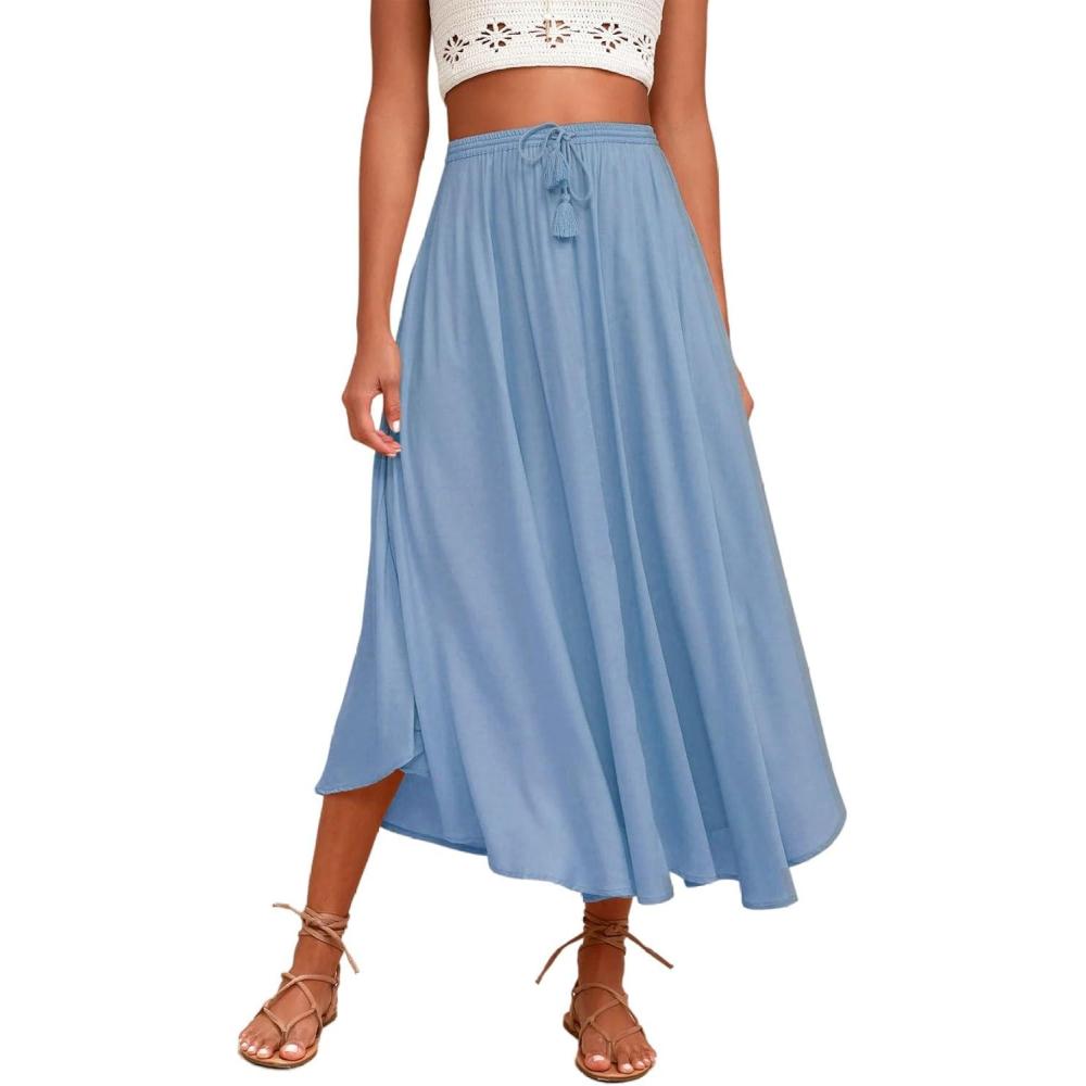 imageZeagoo Womens Flowy Pleated Skirts A Line Elastic High Waisted Midi Skirt Boho Casual Long Skirts Brown Leaf Print XXLSky Blue