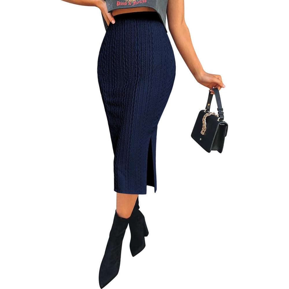 imageZeagoo Womens Knit Midi Skirts Casual Pencil Skirt High Waisted Long Skirt with Slit Elegant Work Office SkirtsBlv