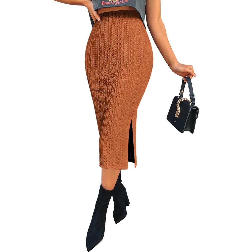 imageZeagoo Womens Knit Midi Skirts Casual Pencil Skirt High Waisted Long Skirt with Slit Elegant Work Office SkirtsCac