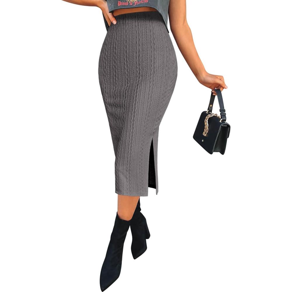 imageZeagoo Womens Knit Midi Skirts Casual Pencil Skirt High Waisted Long Skirt with Slit Elegant Work Office SkirtsDark Gray