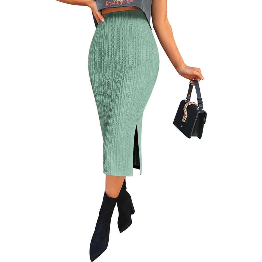 imageZeagoo Womens Knit Midi Skirts Casual Pencil Skirt High Waisted Long Skirt with Slit Elegant Work Office SkirtsMint Green