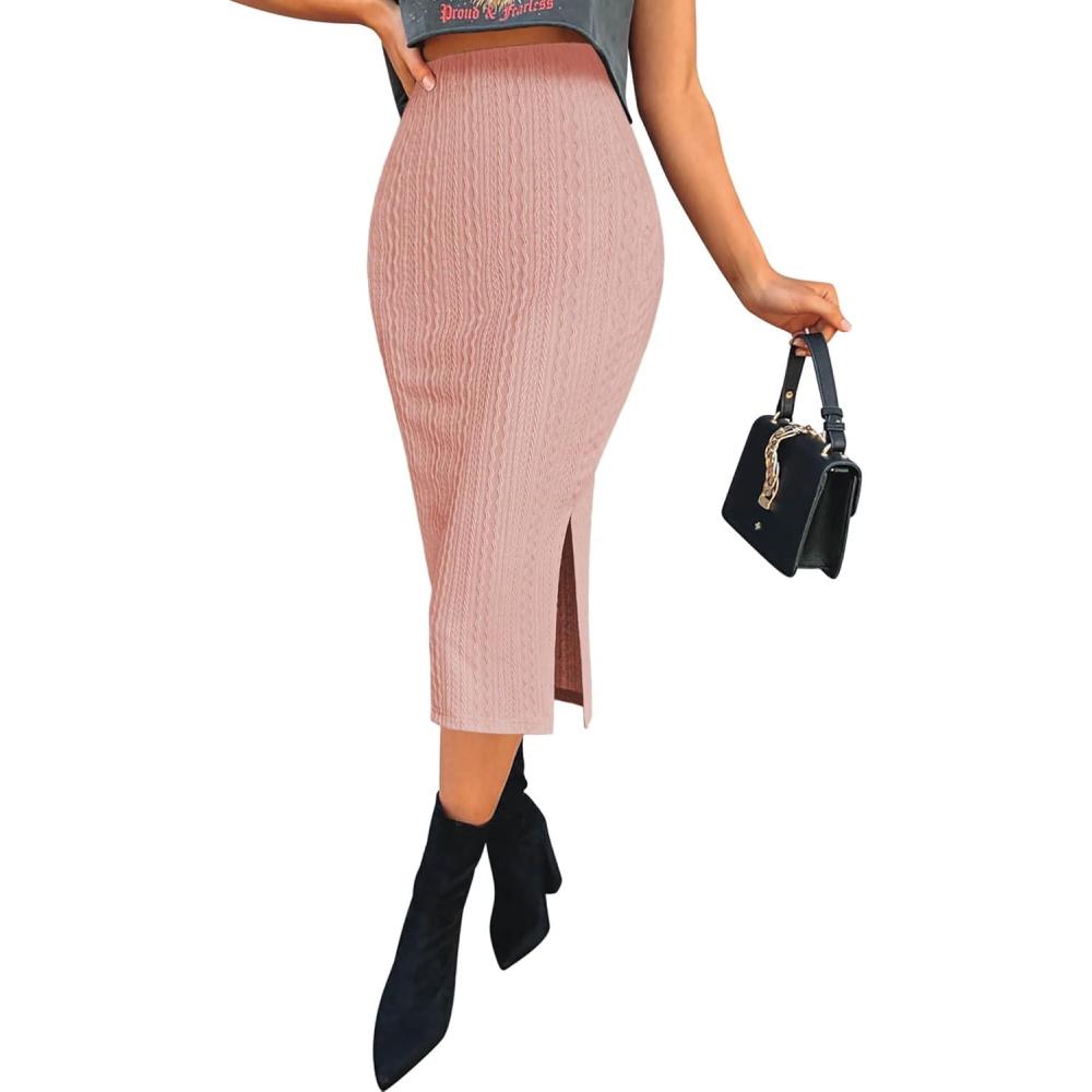 imageZeagoo Womens Knit Midi Skirts Casual Pencil Skirt High Waisted Long Skirt with Slit Elegant Work Office SkirtsRose Pink