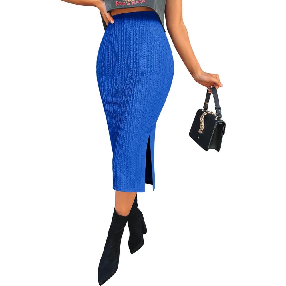 imageZeagoo Womens Knit Midi Skirts Casual Pencil Skirt High Waisted Long Skirt with Slit Elegant Work Office SkirtsSkb