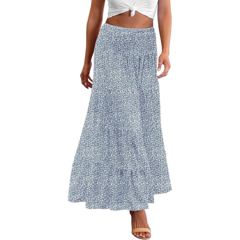 imageZeagoo Womens Long Maxi Skirts Tiered Elastic High Waist Boho Double Layered Print ALine Casual Midi DressBlue White Floral