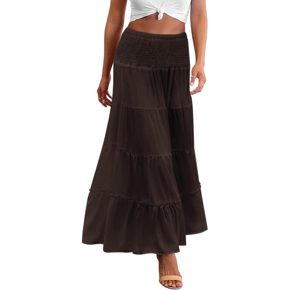 imageZeagoo Womens Long Maxi Skirts Tiered Elastic High Waist Boho Double Layered Print ALine Casual Midi DressBrown