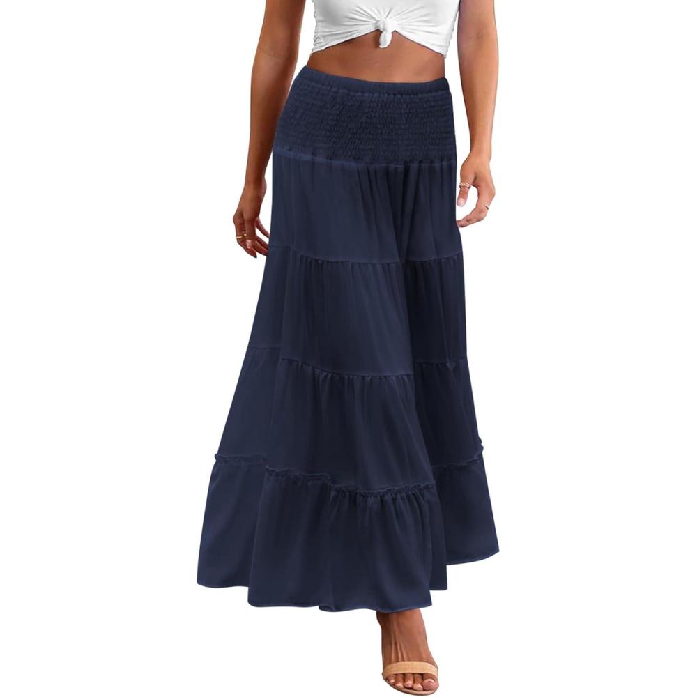 imageZeagoo Womens Long Maxi Skirts Tiered Elastic High Waist Boho Double Layered Print ALine Casual Midi DressNavy Blue