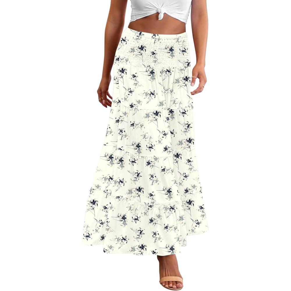 imageZeagoo Womens Long Maxi Skirts Tiered Elastic High Waist Boho Double Layered Print ALine Casual Midi DressWhite Floral
