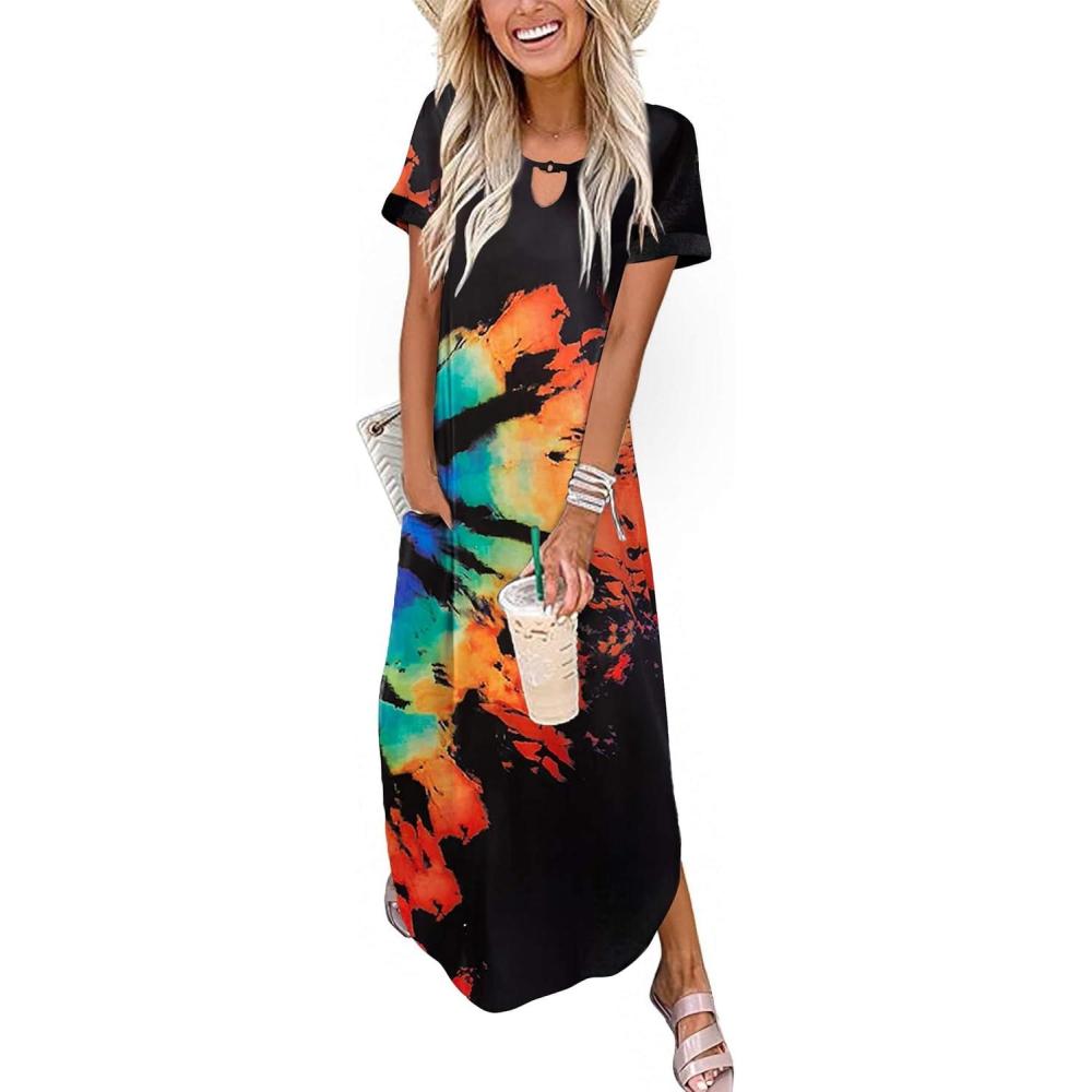 imageZeagoo Womens Maxi Summer Dress with Pockets Casual Short Sleeve Sundress Trendy 2026 Curve Hem Long DressBlackprinted01