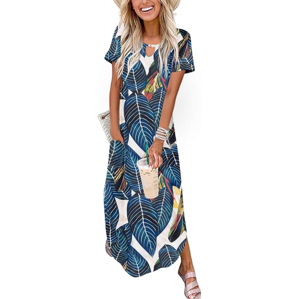 imageZeagoo Womens Maxi Summer Dress with Pockets Casual Short Sleeve Sundress Trendy 2026 Curve Hem Long DressLeafprinted01