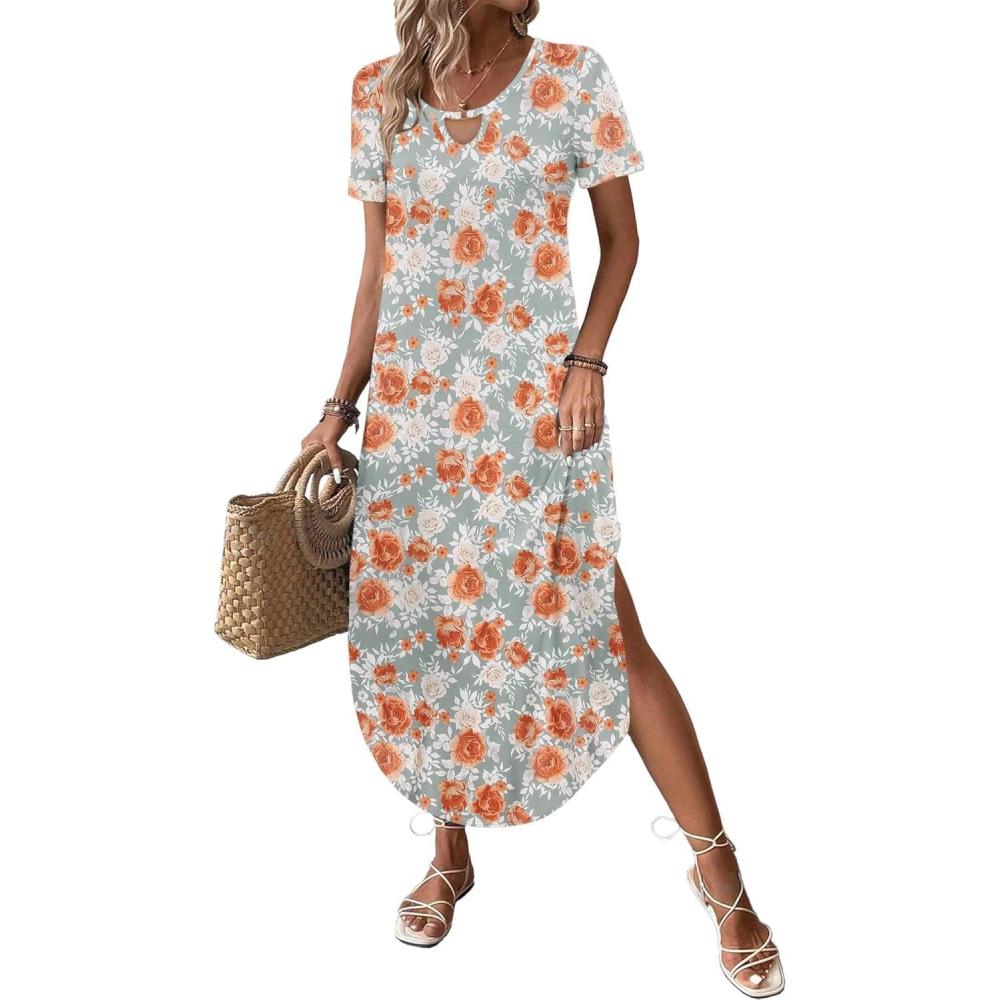 imageZeagoo Womens Maxi Summer Dress with Pockets Casual Short Sleeve Sundress Trendy 2026 Curve Hem Long DressRed Floral