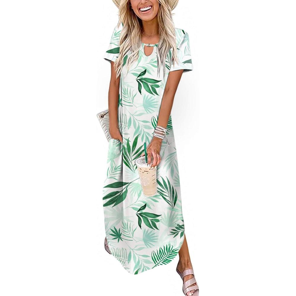 imageZeagoo Womens Maxi Summer Dress with Pockets Casual Short Sleeve Sundress Trendy 2026 Curve Hem Long DressWhiteleafprinted