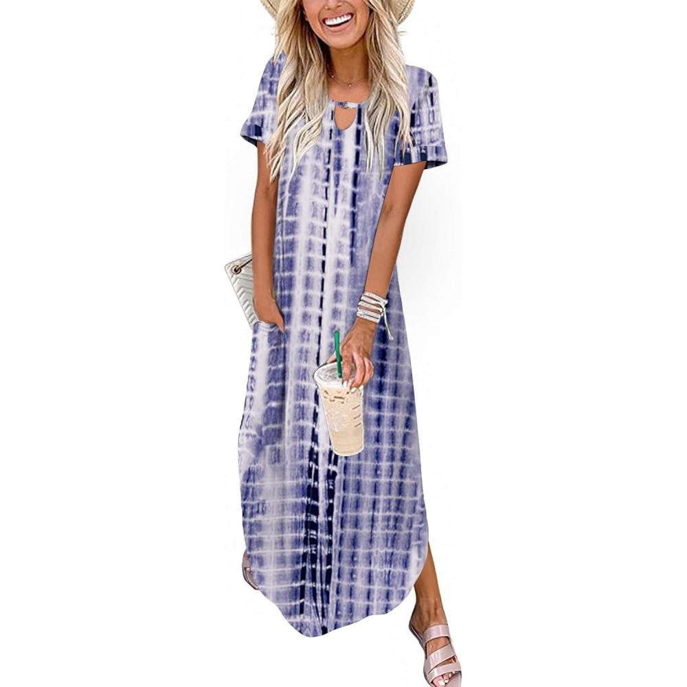 imageZeagoo Womens Maxi Summer Dress with Pockets Casual Short Sleeve Sundress Trendy 2026 Curve Hem Long DressWhiteprinted