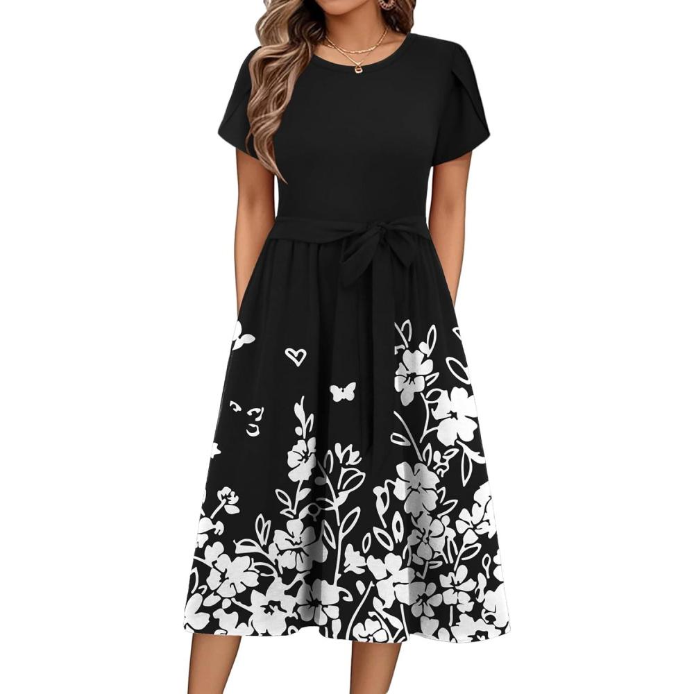 imageZeagoo Womens Midi Dress Summer Short Sleeve Dress with Pockets 2025 Casual Floral TShirt Dress Flowy Beach SundressBlack Floral04