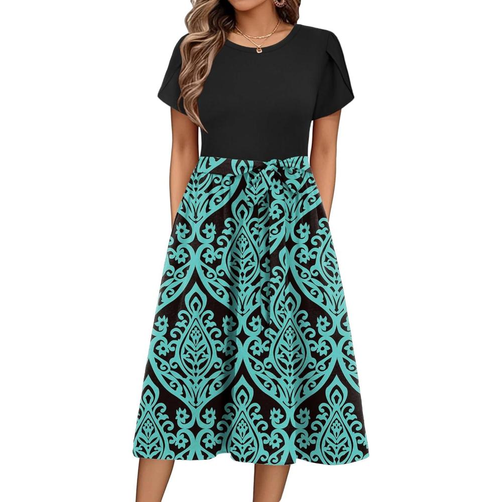 imageZeagoo Womens Midi Dress Summer Short Sleeve Dress with Pockets 2025 Casual Floral TShirt Dress Flowy Beach SundressBlackblue Floral