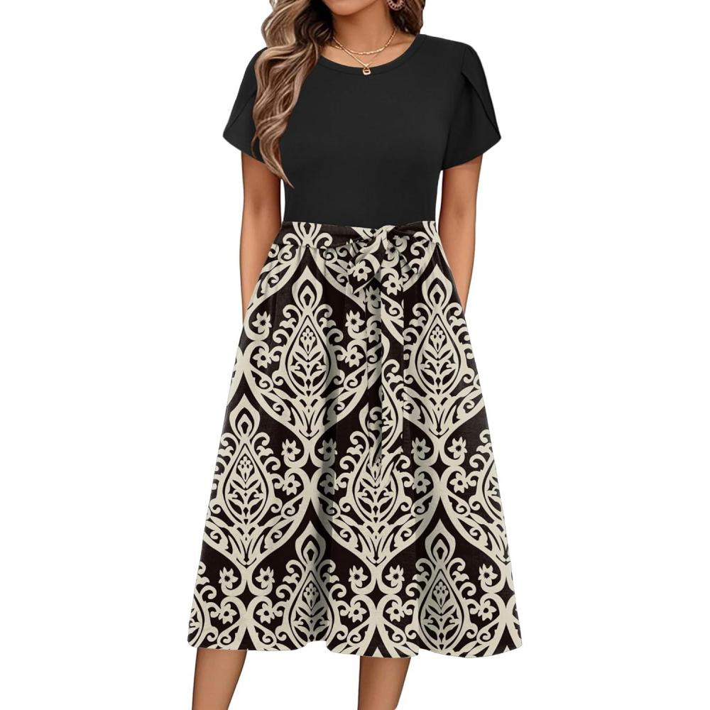 imageZeagoo Womens Midi Dress Summer Short Sleeve Dress with Pockets 2025 Casual Floral TShirt Dress Flowy Beach SundressBlackfloral02