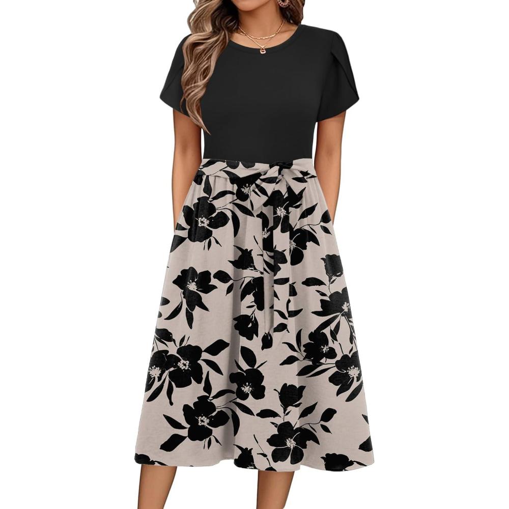 imageZeagoo Womens Midi Dress Summer Short Sleeve Dress with Pockets 2025 Casual Floral TShirt Dress Flowy Beach SundressBlackfloral03